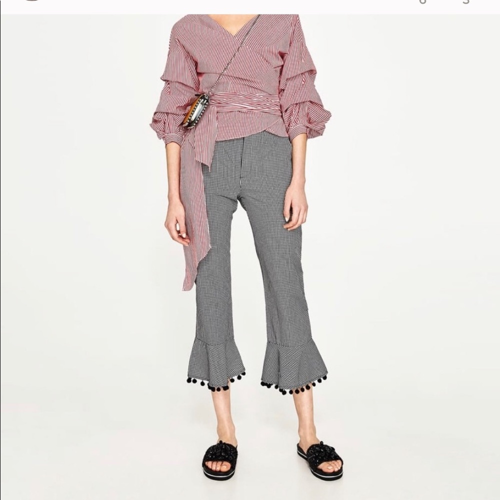 Zara Gingham Flare Pom Pom Pants